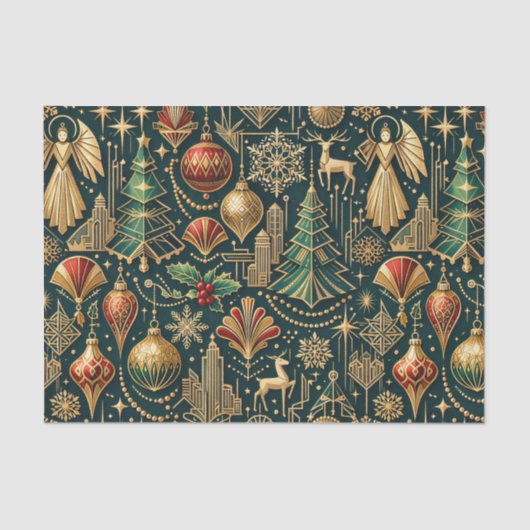 Art Deco Teal Gold Christmas Ornament Illustration Seidenpapier (Vorderseite)