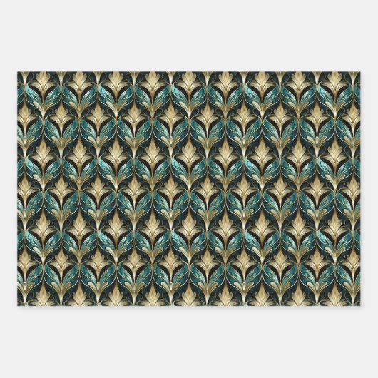 Art Deco Teal & Gold Fan Pattern Wrapping Paper Geschenkpapier Set (Vorderseite 2)