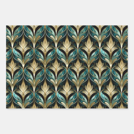 Art Deco Teal & Gold Fan Pattern Wrapping Paper Geschenkpapier Set (Vorderseite)