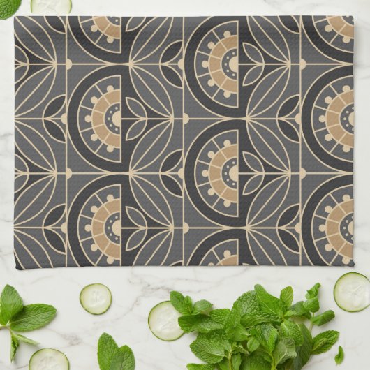 Art Deco Tile Floral (grau und Sand) Geschirrtuch (Gefaltet)