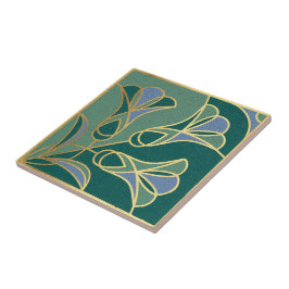 Art Deco Tile Floral. Grün, Blau und Gold Fliese