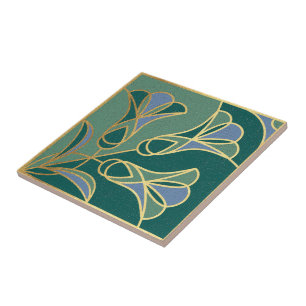 Art Deco Tile Floral. Grün, Blau und Gold Fliese