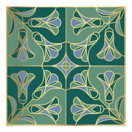 Art Deco Tile Floral. Grün, Blau und Gold Fotodruck