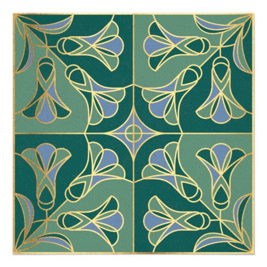 Art Deco Tile Floral. Grün, Blau und Gold Fotodruck (Vorne)