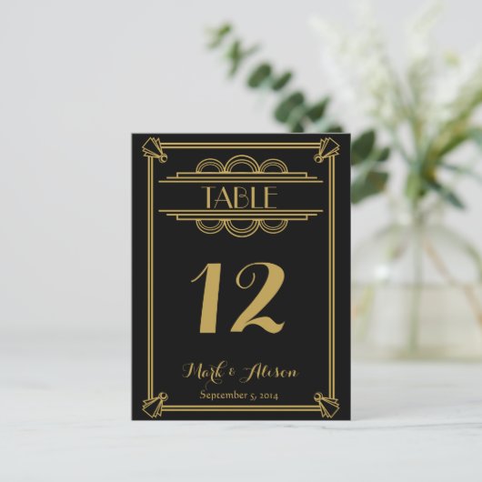 ART Deco Tischnummer mit Menu gold Hochzeit (Stehend Vorderseite)