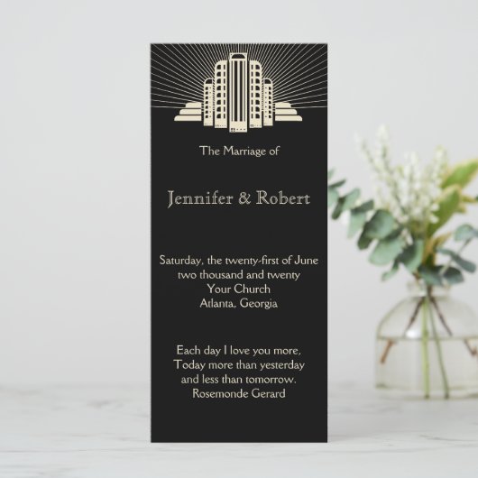 Art Deco Tower Ray Wedding Programm (Stehend Vorderseite)