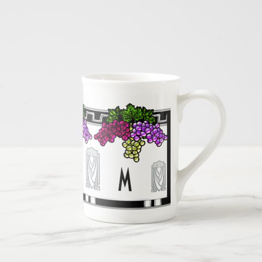 Art Déco Trauben - Mit Monogramm (Tasse der Knoche Porzellantasse (Rechts)