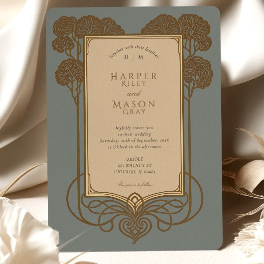 Art Deco Tree & Scrollwork Hochzeit Einladung