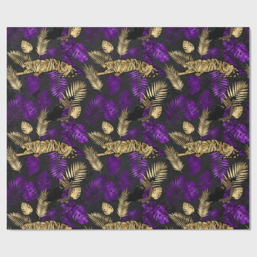 Art Deco Tropical Lila und Gold Tiger Geschenkpapier (Flach)