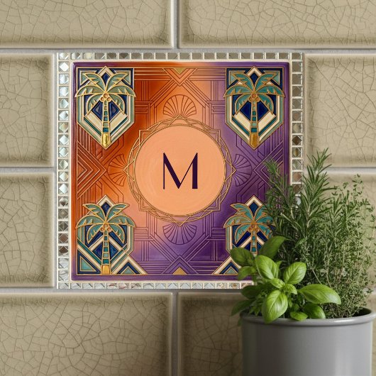 Art Deco Tropical Orange Palm Tree Monogram  Fliese