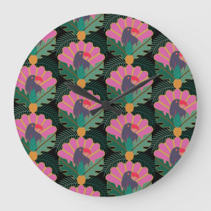Art Deco Tropical Toucans & Pineapes Große Wanduhr
