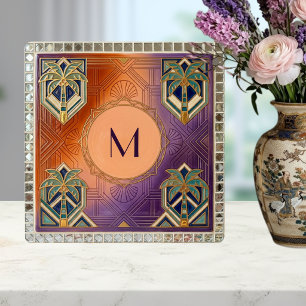 Art Deco Tropischer Oranger Palmbaum Monogramm  Fliese
