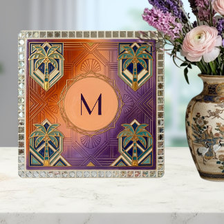 Art Deco Tropischer Oranger Palmbaum Monogramm Fliese