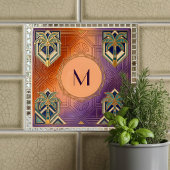 Art Deco Tropischer Oranger Palmbaum Monogramm Fliese