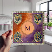 Art Deco Tropischer Oranger Palmbaum Monogramm Fliese
