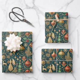 Art Deco Türkis Gold Weihnachtsornament Illustrati Geschenkpapier Set