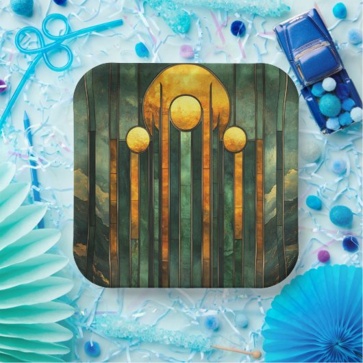 Art Deco Türkis Green Gold Sun Pappteller (Party)