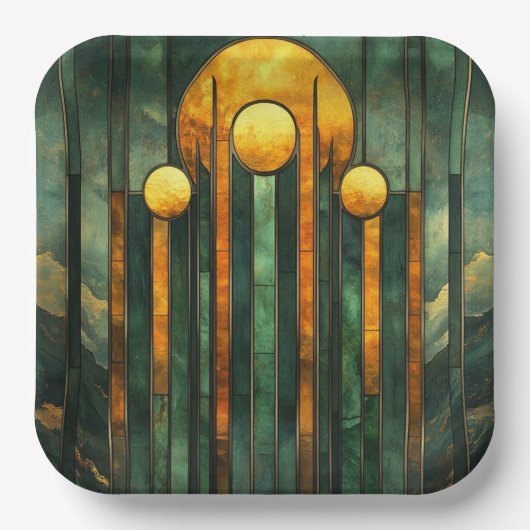 Art Deco Türkis Green Gold Sun Pappteller (Vorderseite)