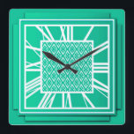 Art Deco, türkis / Pfau Quadratische Wanduhr<br><div class="desc">Art Deco,  Türkis / Pfauenblau-grün,  3-D-Effekt-Wanduhr mit weißen Zahlen - digitale Grafik</div>