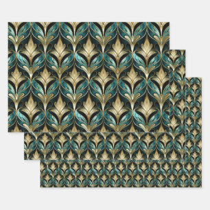 Art Deco Türkis- und Goldfächer-Muster-Geschenkpap Geschenkpapier Set