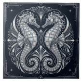 Art Deco Two Seahorses Mother of Pearl Blue Fliese (Vorderseite)