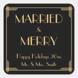 Art Deco Verheiratete und fröhliche Weihnachtskleb Quadratischer Aufkleber