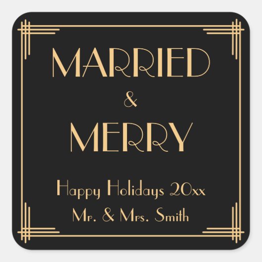 Art Deco Verheiratete und fröhliche Weihnachtskleb Quadratischer Aufkleber (Vorderseite)