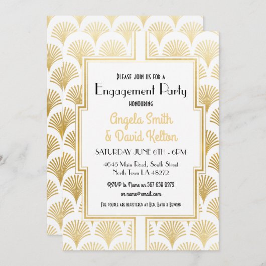 Art Deco Verlobung Gatsby 1920er Jahre WHITE & GOL Einladung (Vorne/Hinten)