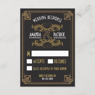 Art Deco Vintag Black and Gold Wedding RSVP Cards Karte