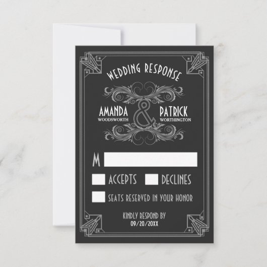 Art Deco Vintag Black & Silver Wedding RSVP Cards (Vorderseite)