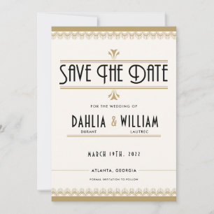 Art Deco Vintag Elfenbein und Weiß und Gold Save The Date