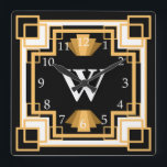 Art Deco Vintag Geometric Pattern der 20er Jahre Quadratische Wanduhr<br><div class="desc">Vintage,  in den 20er Jahren gearbeitete,  geometrisch gestaltete Kunst-Deko-Uhr in Gold- und Schwarztönen mit individueller Hintergrundfarbe und Monogramm-Buchstaben.</div>