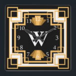 Art Deco Vintag Geometric Pattern der 20er Jahre Quadratische Wanduhr<br><div class="desc">Vintage,  in den 20er Jahren gearbeitete,  geometrisch gestaltete Kunst-Deko-Uhr in Gold- und Schwarztönen mit individueller Hintergrundfarbe und Monogramm-Buchstaben.</div>