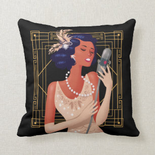 Art Deco Vintag Girl Singer 1920er Jahre Schwarz Kissen