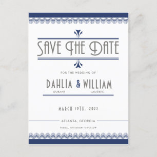 Art Deco Vintag White Navy Blue Save the Date Ankündigungspostkarte