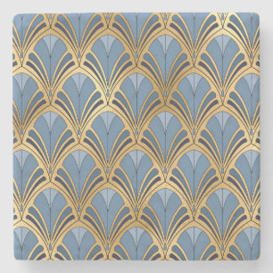 Art Deco Vintage Blumengefächer-Muster Blau Gold Steinuntersetzer