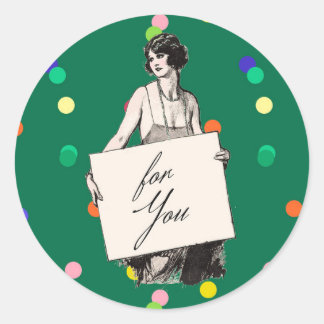 Art Deco Vintage-Dame mit Schild "Für Dich" aus de Runder Aufkleber