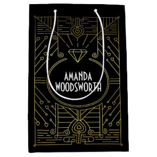 Art Deco Vintage Geschenktasche Schwarz und Gold Mittlere Geschenktüte