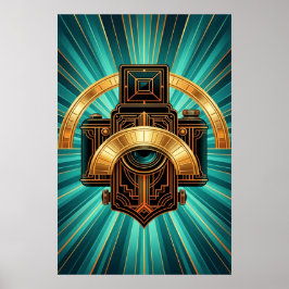 Art Deco Vintage-Kameraobjektiv Gold & Türkis Poster