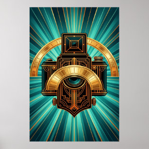 Art Deco Vintage-Kameraobjektiv Gold & Türkis Poster