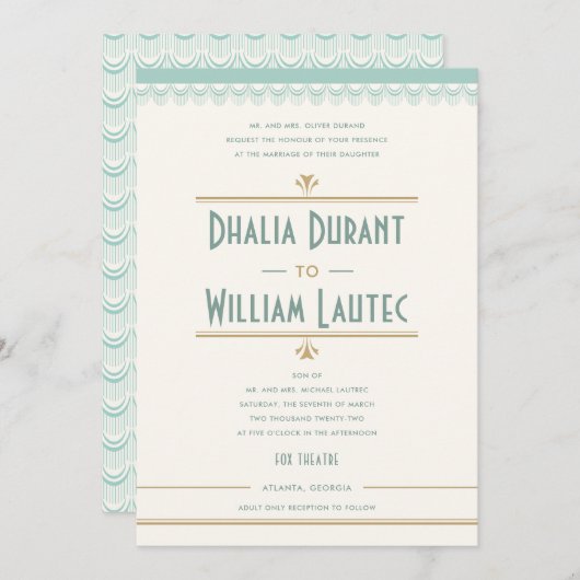 Art Deco Vintage Minze und Goldhochzeit Einladung (Vorne/Hinten)