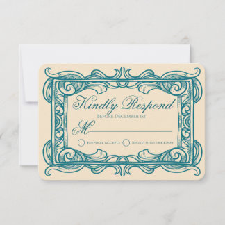 Art Deco Vintage Teal Champagne Wedding RSVP Card Karte