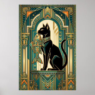 Art Deco Vorhang kletternde Katze Wandkunst Poster