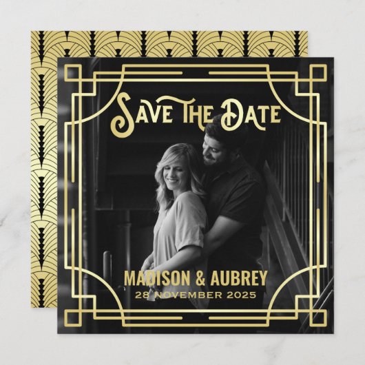 Art Deco Wählen Sie ein Foto Elegantes Gold Save t Save The Date (Vorne/Hinten)