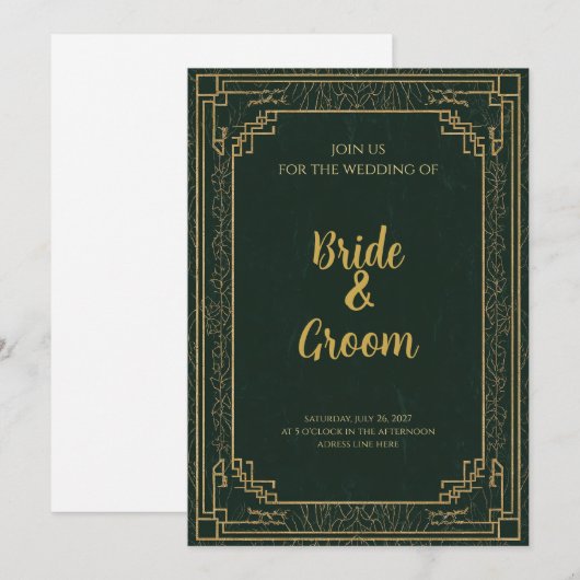 Art Deco Waldgrün Gold Einladung (Vorne/Hinten)