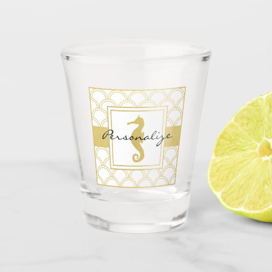 Art Deco Wave Gold Glitzer Seepferd Schnapsglas (Vorderseite)