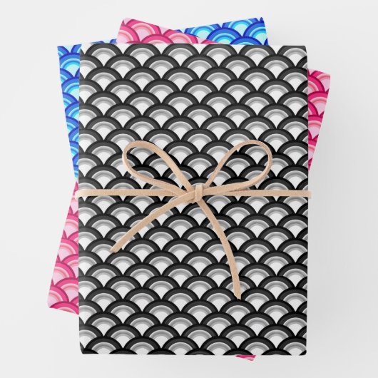 Art Deco Wave Muster, Schwarz/Weiß, Rosa, Blau Geschenkpapier Set (Beispiel)
