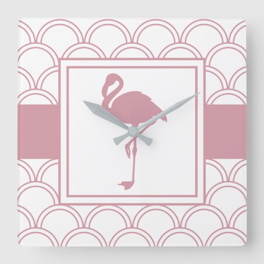 Art Deco Wave Patten Pink Flamingo Quadratische Wanduhr (Vorderseite)