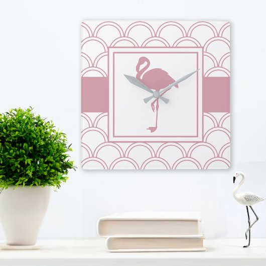 Art Deco Wave Patten Pink Flamingo Quadratische Wanduhr