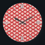 Art Deco wave pattern - coral red and pink Große Wanduhr<br><div class="desc">An Art Deco pattern based on the traditional wave pattern,  often seen in Japanese textiles,  in shades of coral from deep coral red to pale coral pink</div>